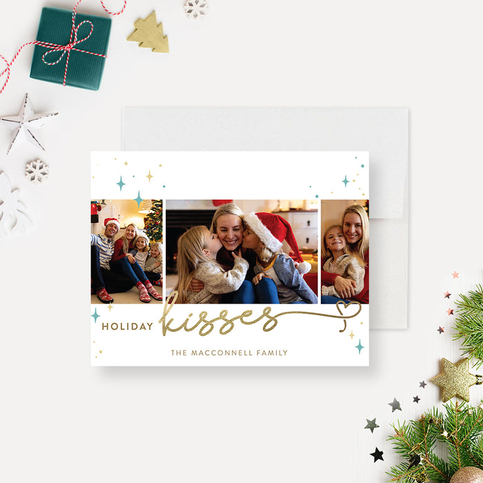 Holiday Kisses Greeting Card with Pictures, Family Photo Card, Christmas Cards with Photo Collage, Seasons Greetings Card, Unique Family Holiday Cards