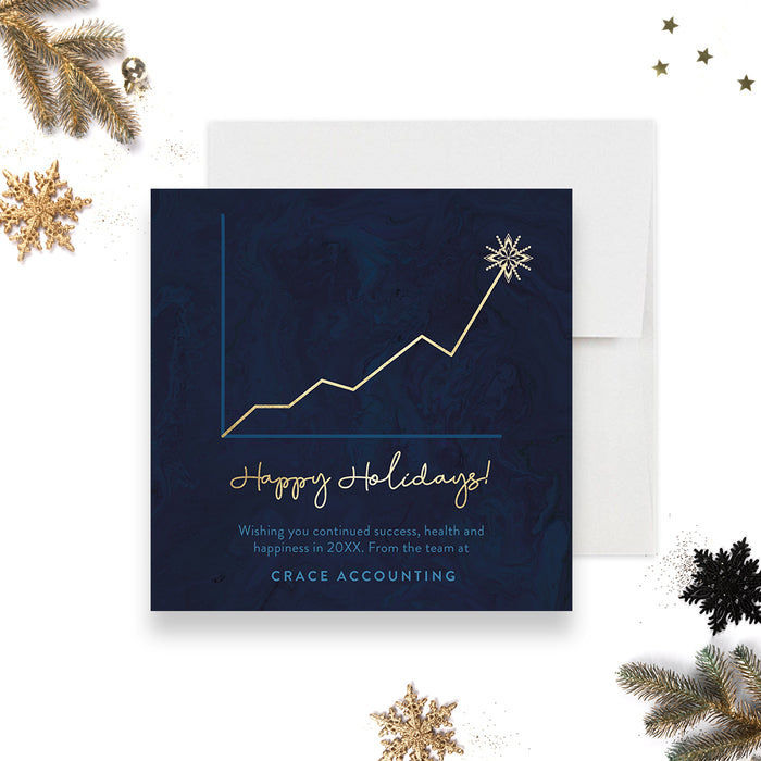 Happy Holidays Greeting Card, Professional Holiday Cards, Company Christmas Cards, Business Greeting Cards for Clients, Blue and Gold Holiday Christmas Card