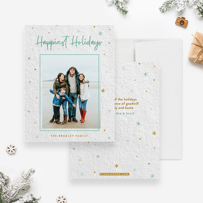 Happiest Holidays Greeting Card with Photo, Family Christmas Photo Card, Personalized Happy Holiday Cards, Couple Photo Holiday Cards, Seasons Greetings Card with Snow