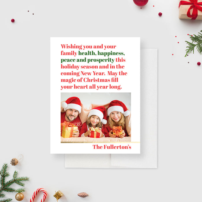 Holiday Christmas Cards with Photo, Personalized Christmas Cards with Family Photo Card, Health Happiness Peace Prosperity Greeting Card Set, Seasons Greetings