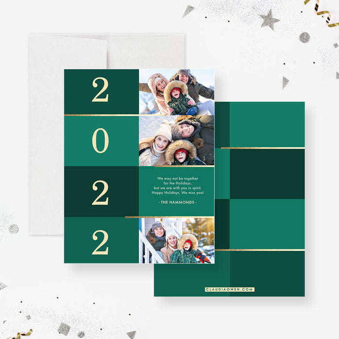 2022 Holiday Card with Photo, Elegant Christmas Cards with Pictures, Family Holiday Photo Card, Unique Green and Gold Happy New Year Greeting Cards
