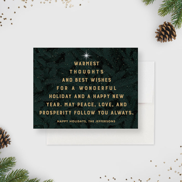 Elegant Foliage Holiday Card, Green and Gold Family Christmas Card, Company Holiday Cards, Business Holiday Greeting Cards, Peace Love Prosperity Seasons Greetings