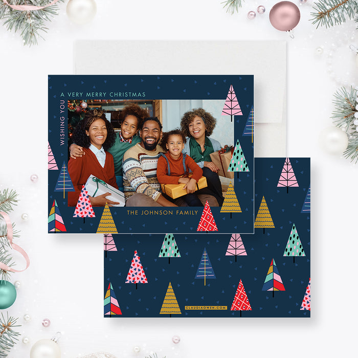 Creative Christmas Cards with Photo, Cute Holiday Photo Card, Family Photo Christmas Cards, Unique Holiday Greeting Card with Christmas Tree Illustration
