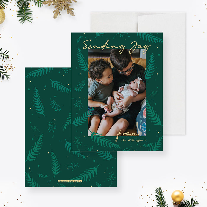 Green and Gold Holiday Christmas Cards with Photo, Foliage Holiday Card with Family Photo, Personalized Family Christmas Greeting Card, Seasons Greetings Card
