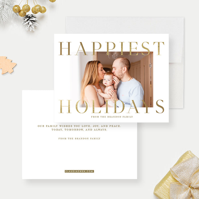 Elegant Happy Holidays Card with Photo, Minimalist Holiday Photo Cards, Personalized White and Gold Christmas Cards with Family Photo, Happiest Holidays Greeting Card