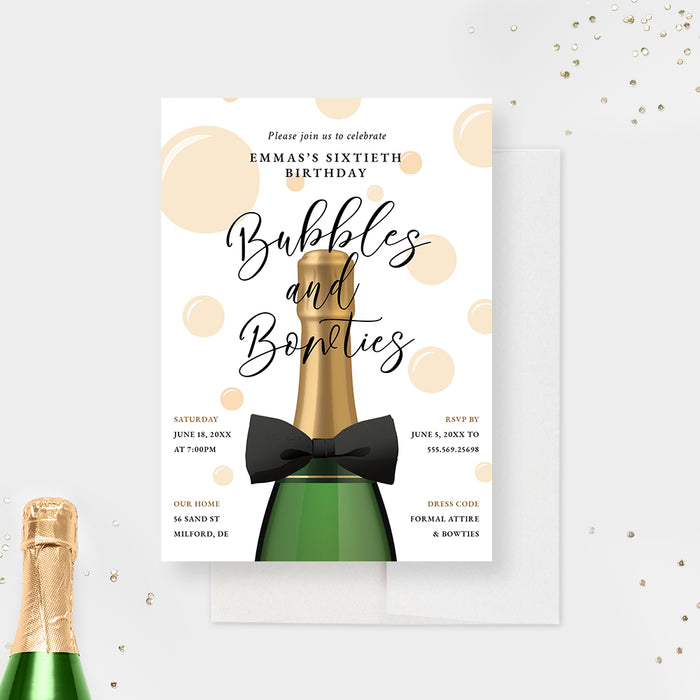 Bubbles and Bowties Champagne Birthday Party Invitation Card, Pop the Champagne Invites, 21st 30th 40th 50th 60th Birthday Invitations for Men and Women, Adult Birthday