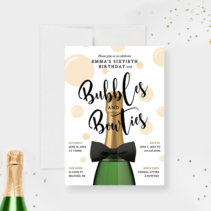 Bubbles and Bowties Birthday Invitation, 30th 40th 50th 60th Birthday Invites Digital Download, Champagne Party Printable Editable Template