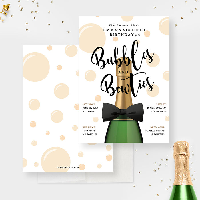 Bubbles and Bowties Birthday Invitation, 30th 40th 50th 60th Birthday Invites Digital Download, Champagne Party Printable Editable Template