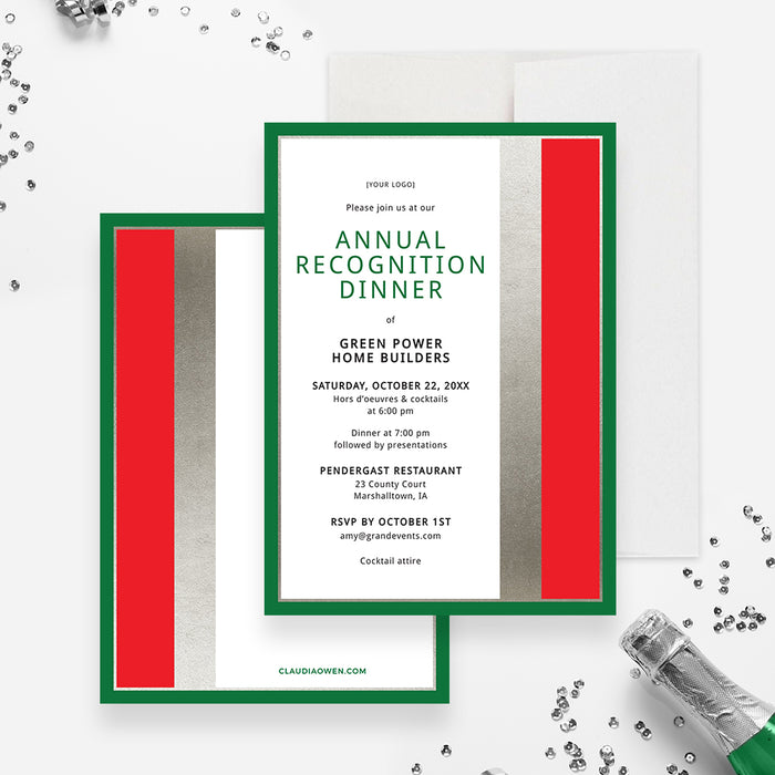 Annual Recognition Dinner Invitation in Green Red and Silver, Employee Recognition Business Invitation, Employee Appreciation Template, Work Business Dinner Party Invites