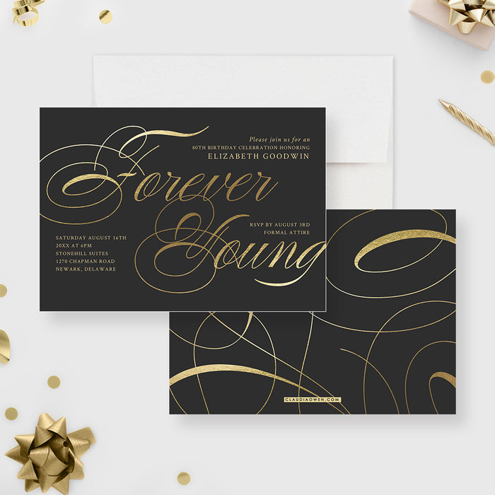 Forever Young Birthday Party Invitations for Men and Women, 40th 50th 60th 70th 80th Birthday Invite Cards for Adults, Elegant Black and Gold Birthday Invites