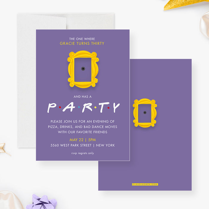Friends Themed Birthday Party Invitations, 30th 40th 50th 60th Birthday Invitation Card for Men and Women, Monica’s Purple Door Peephole