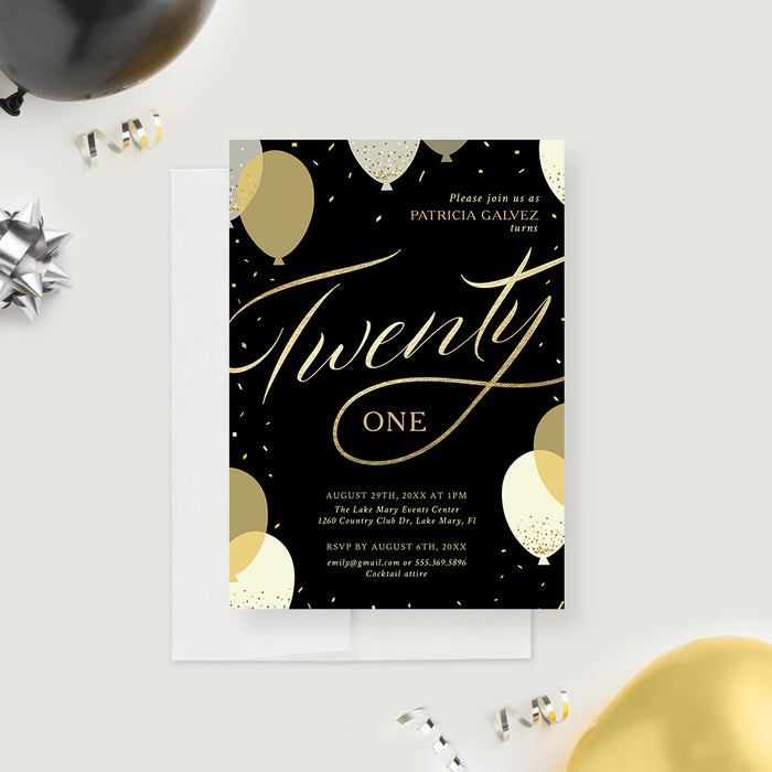 Elegant 21st Birthday Party Invitations, 30th 40th 50th 60th Birthday Invitation Card, Twenty One Black and Gold Balloon Birthday Invites