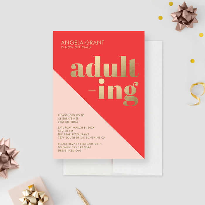 Adulting Birthday Party Invitation Card, 21st Birthday Invites, Modern and Funny Birthday Invitations for Adults, Twenty One Invite Cards, Turning 21