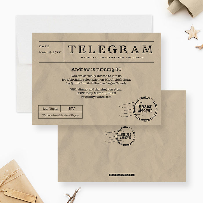 Telegram Birthday Party Invitations for Adults, Vintage 60th 70th 80th 90th Birthday Invites, Unique Birthday Invitation Card for Him and Her