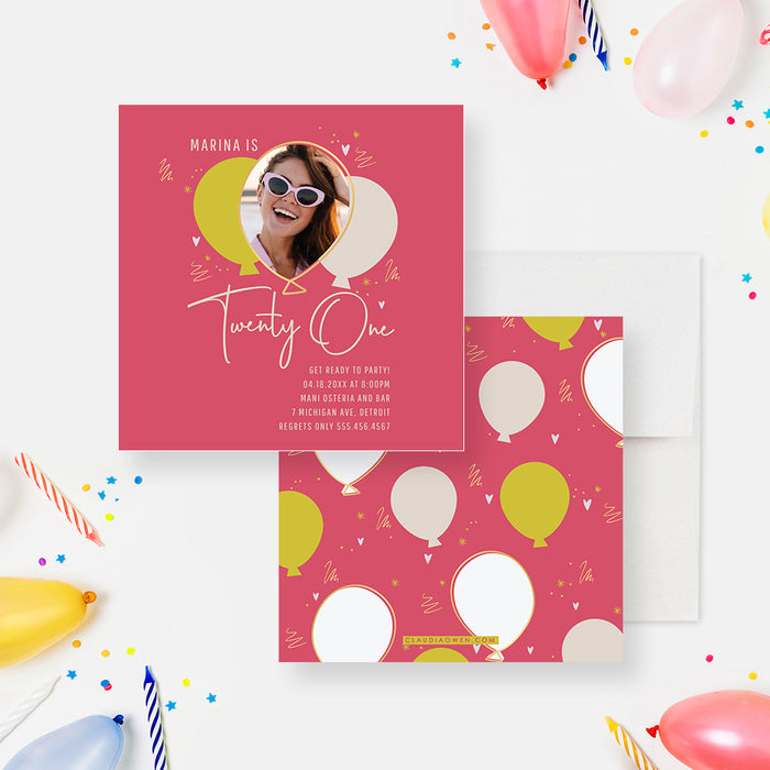 Cute 21st Birthday Party Invitation with Photo, Sweet 16 Girls Birthday Invites with Balloons, 17th 18th 19th 20th Birthday Invite Cards, Twenty One