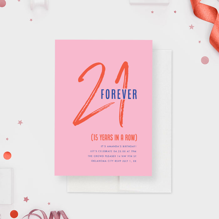 21 Forever Birthday Party Invitation Card, Funny 30th 40th 50th Birthday Invite Cards, Fun and Modern Birthday Invitations for Adults, Forever Young Birthday Invites