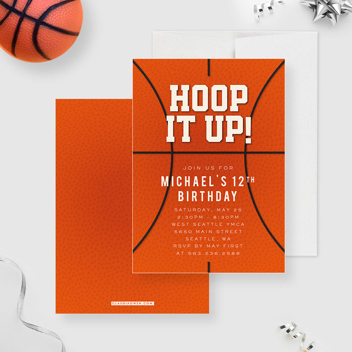 Basketball Theme Kids Birthday Invitation Card, Hoop It Up Birthday Party Invites, 7th 8th 9th 10th 11th 12th 13th Birthday Invite Cards for Boys and Girls