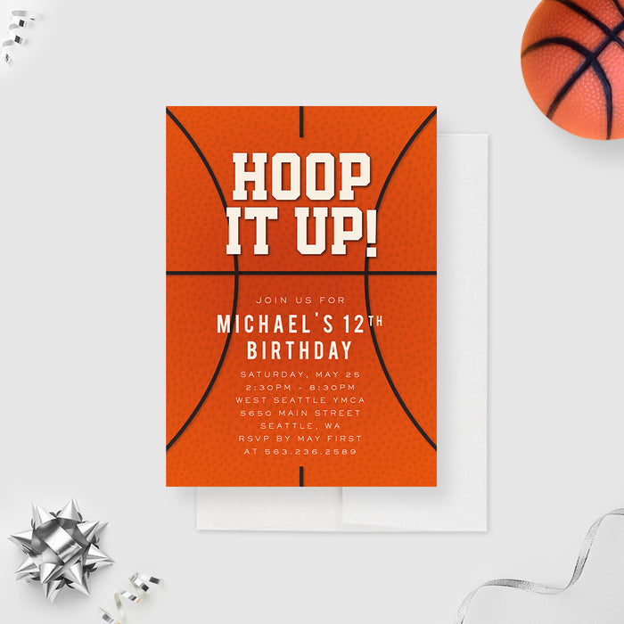 Basketball Theme Kids Birthday Invitation Card, Hoop It Up Birthday Party Invites, 7th 8th 9th 10th 11th 12th 13th Birthday Invite Cards for Boys and Girls