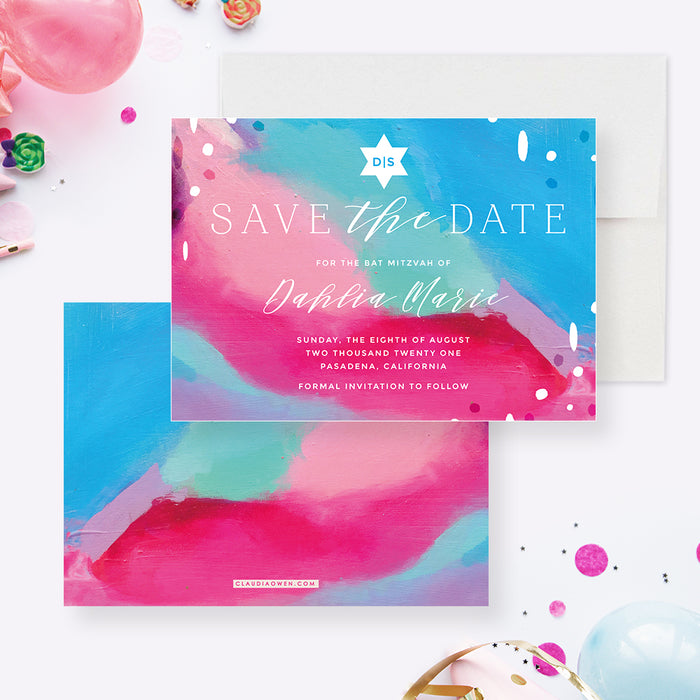 Unique Bat Mitzvah Save the Date, Bar Mitzvah Save the Date Card with a Colorful Artistic Painting Background, Religious Jewish Celebration Save the Dates, Star Of David