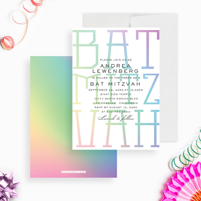 Modern Bat Mitzvah Invitations, Colorful Bar Mitzvah Invites, Unique Jewish Celebration Invitation Card, Personalized Mitzvah Invite Cards for Girls