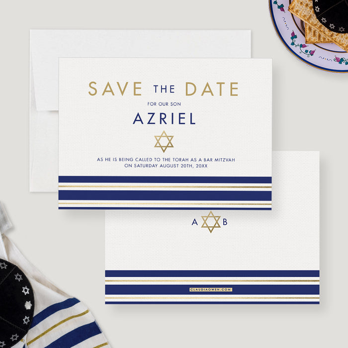 Bar Mitzvah Save the Date with Tallit Prayer Shawl Design, Unique Bat Mitzvah Save the Date Cards, Personalized Religious Jewish Save the Dates, Star of David