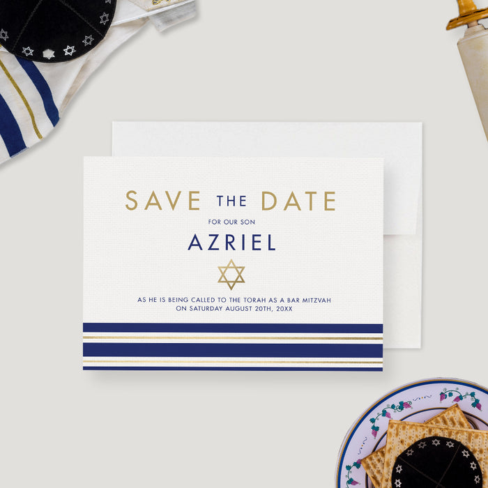 Bar Mitzvah Save the Date with Tallit Prayer Shawl Design, Unique Bat Mitzvah Save the Date Cards, Personalized Religious Jewish Save the Dates, Star of David
