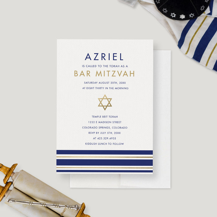 Tallit Bar Mitzvah Invitation Card, Personalized Bat Mitzvah Invites, Jewish Celebration Invitations with Tallit Prayer Shawl, Star of David Invite Cards