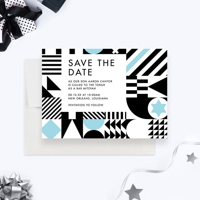 Unique Bar Mitzvah Save the Date, Modern Bat Mitzvah Save the Date Cards, Religious Jewish Celebration Save the Dates with Star of David, Geometric Shapes