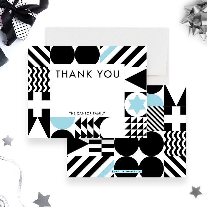 Thank You Cards with Unique Geometric Pattern, Personalized Modern Bar and Bat Mitzvah Thank You Note Card, Modern Jewish Thank You Notes with Star of David