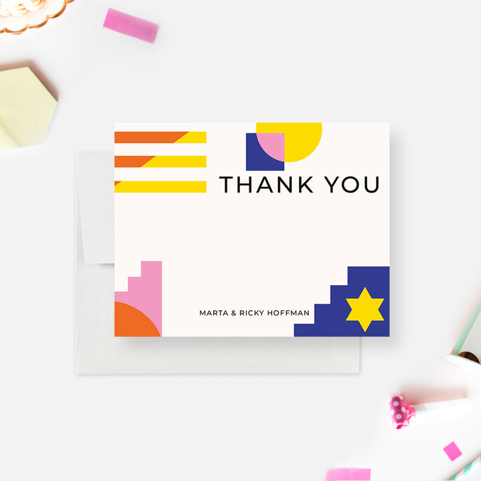 Bat Mitzvah Thank You Cards with Colorful Geometric Shapes, Unique Bar Mitzvah Thank You Gifts, Personalized Jewish Thank You Note Card with Star of David