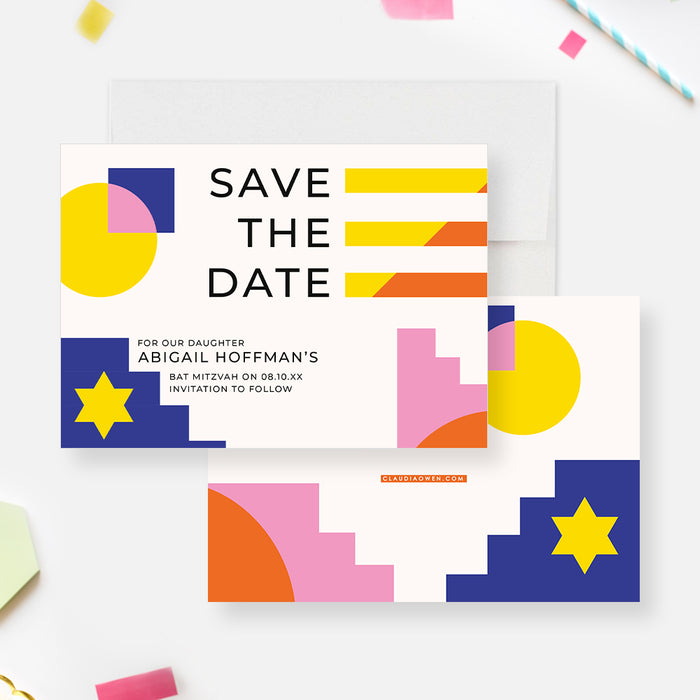 Colorful Bat Mitzvah Save the Date, Unique Bar Mitzvah Save the Date Cards, Personalized Jewish Celebration Save the Dates with Geometric Shapes