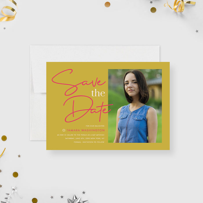Bat Mitzvah Save the Date with Photo, Bar Mitzvah Photo Save the Date Cards, Modern Minimalist Religious Jewish Celebration Save the Dates with Picture