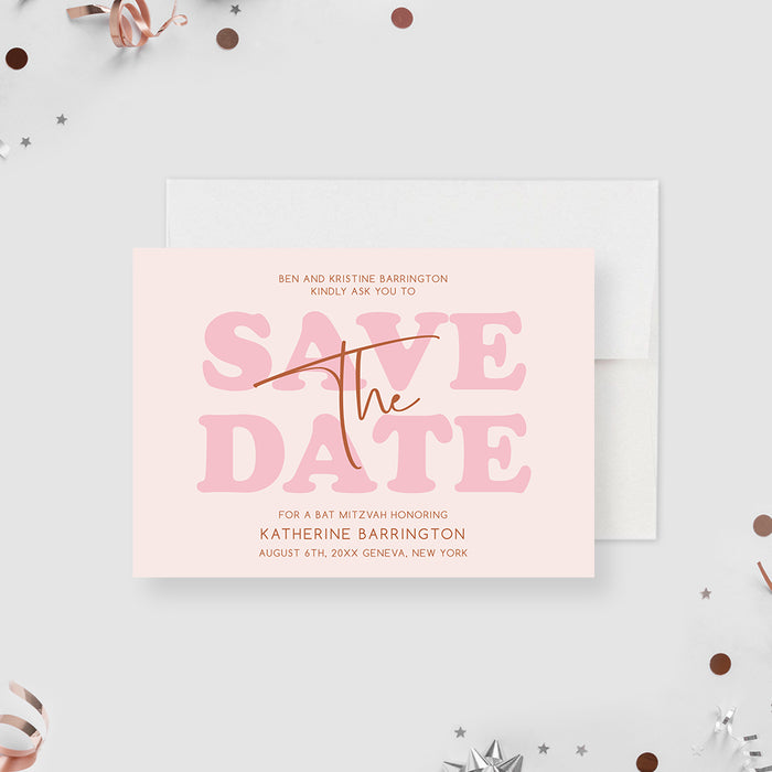 Blush Pink Bat Mitzvah Save the Date Cards, Modern Minimalist Bar Mitzvah Save the Date, Personalized Religious Jewish Celebration Save the Dates