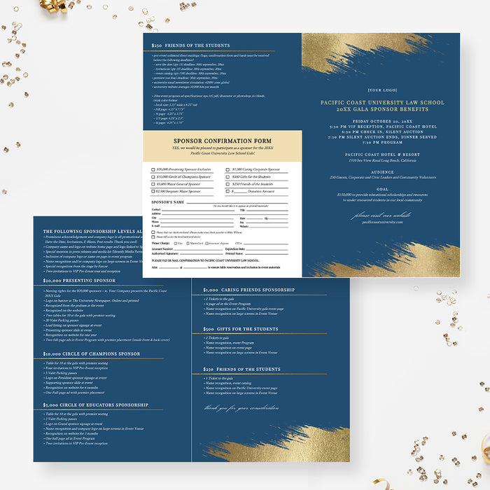 Elegant Gala Invitation Set in Blue and Gold, Business Sponsorship Form Digital Download, Event Program with RSVP Form, Gala Save the Date, Event Ticket, Printable Letterhead