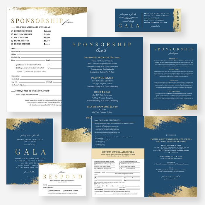 Elegant Gala Invitation Set in Blue and Gold, Business Sponsorship Form Digital Download, Event Program with RSVP Form, Gala Save the Date, Event Ticket, Printable Letterhead