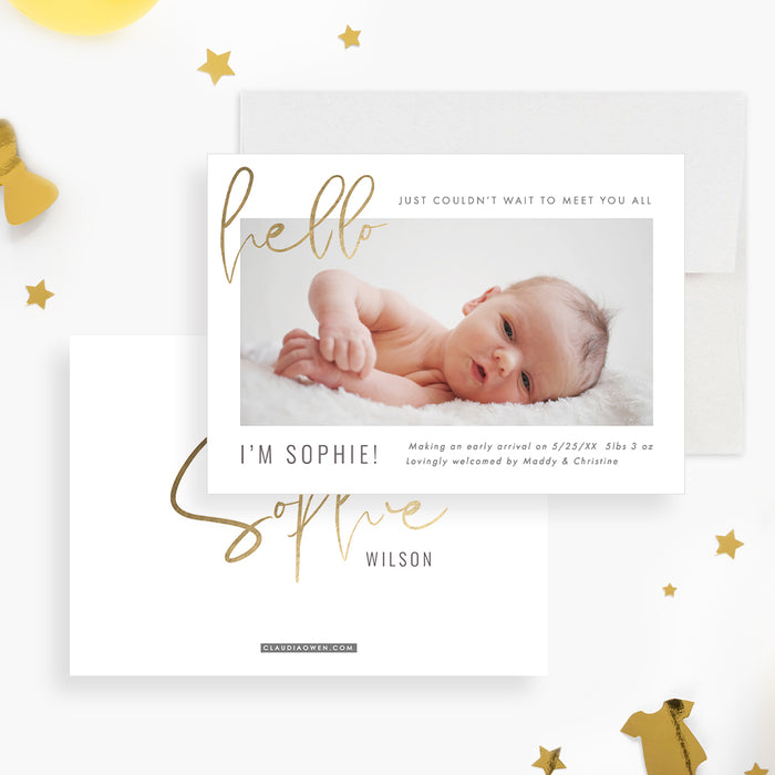 Hello Baby Announcement Card with Photo, Modern New Baby Photo Announcement,  Birth Announcement Photo Cards for Baby Boy and Baby Girl, Newborn Cards