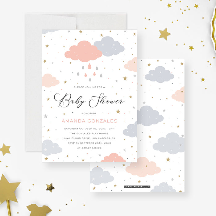 Unique Baby Shower Invitation Card, Cute Baby Shower Invitations for Girls and Boys, Creative Baby Shower Invites with Clouds Rain and Stars