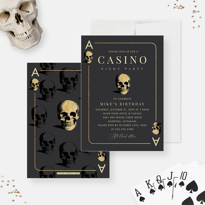 Casino Night Party Birthday Invite, Skull Themed Birthday Invitations, Poker Birthday Invitation Card for Men, 21st 30th 40th 50th Birthday Party Invites, Skull Playing Cards