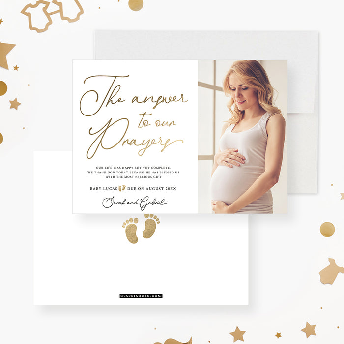 Pregnancy Announcement Cards with Photo, Baby Announcement Photo Cards with Baby Footprint, The Answer to Our Prayers Baby Boy and Baby Girl Announcements