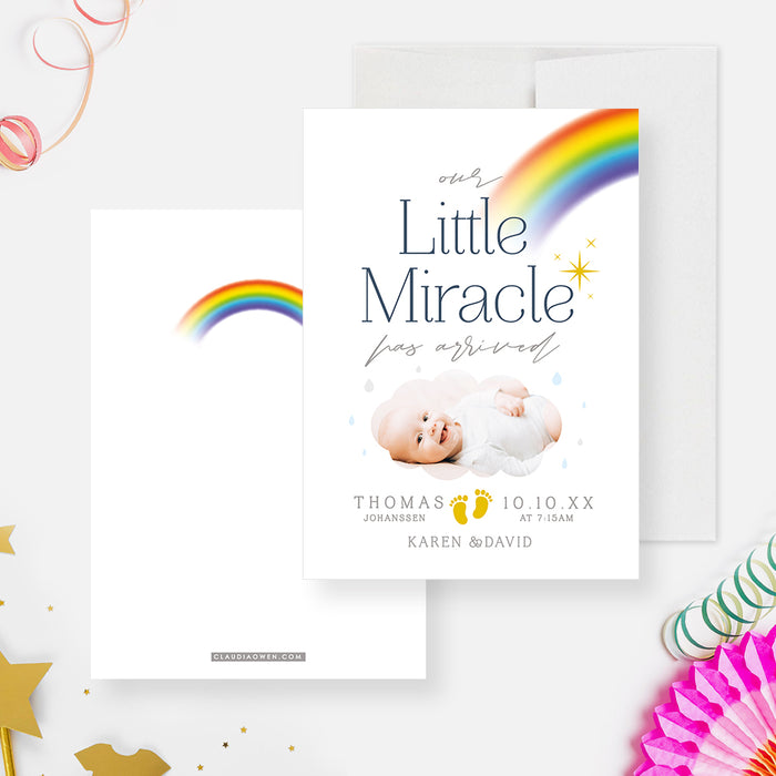 Our Little Miracle Birth Announcement Card with Photo, Rainbow Newborn Photo Announcement Cards for Boys and Girls, Unique Baby Cards