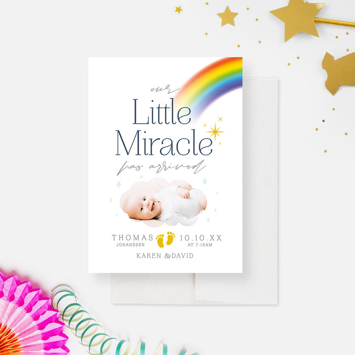 Our Little Miracle Birth Announcement Card with Photo, Rainbow Newborn Photo Announcement Cards for Boys and Girls, Unique Baby Cards