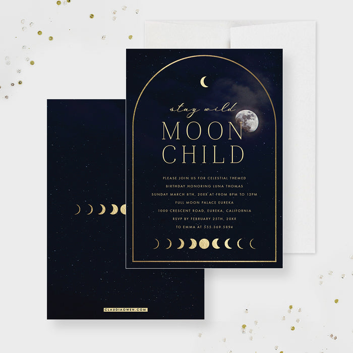 Stay Wild Moon Child Birthday Party Invitation Card, Moon and Stars Baby Shower Invitations, Birthday Invite Cards with Moon Phases, Celestial Baby Shower Invites