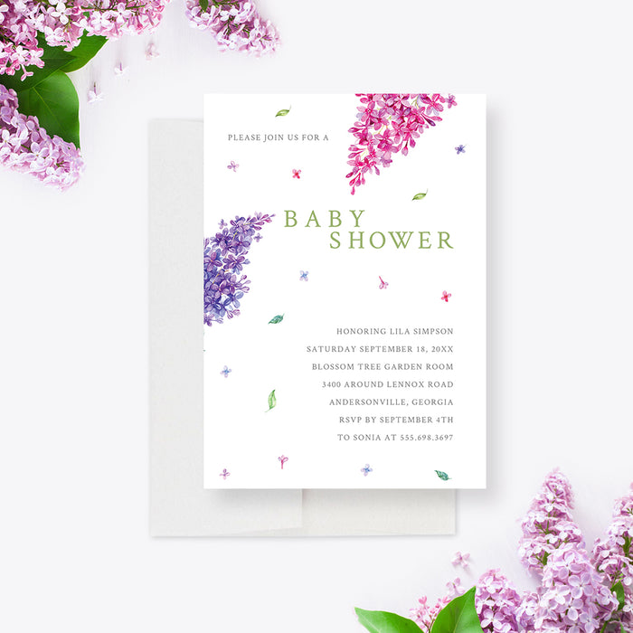 Pink and Purple Baby Shower Invitations, Floral Baby Shower Invitation Card for Girls, Spring Themed Baby Shower Invites with Flowers, Garden Party Invite Cards