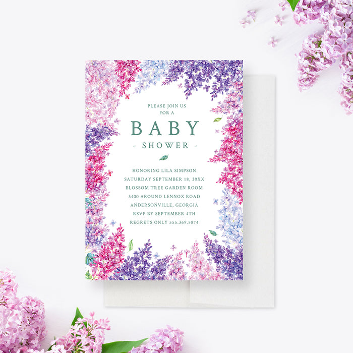 Spring Floral Baby Shower Invitations for Girls, Baby in Bloom Garden Baby Shower with Purple and Pink Flowers, It’s a Girl Baby Cards, Summer Party Invites