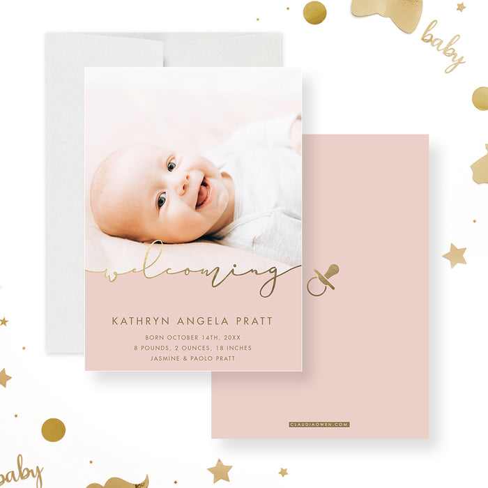 Welcoming Baby Announcement Cards with Photo, Elegant Birth Announcement Photo Cards, Modern Baby Welcome Announcement Cards for Baby Girl and Baby Boy