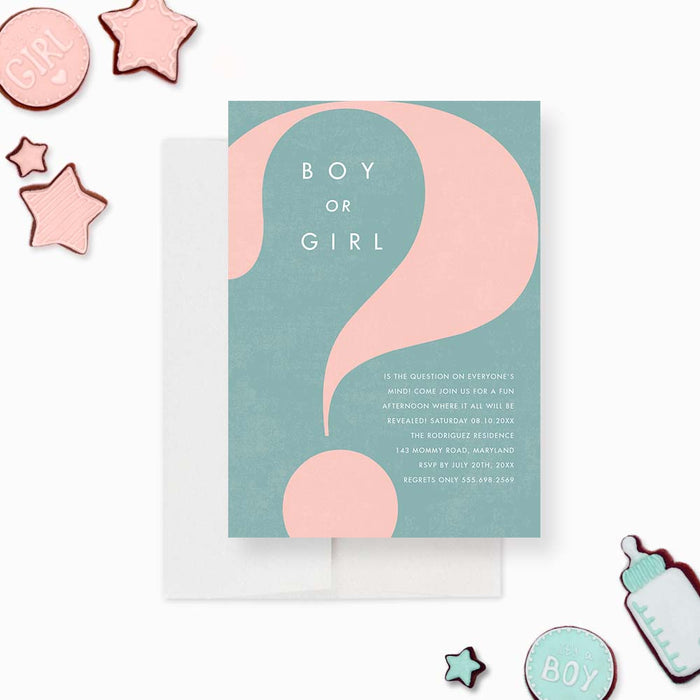 Boy or Girl Gender Reveal Party Invitation Card, Question Mark Gender Reveal, Pink and Blue Gender Reveal Invite Cards, Simple and Modern Gender Reveal Invitations