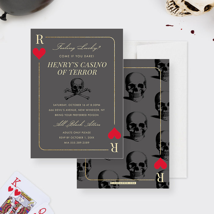 Casino Night Invitation Card, Birthday Invitations for Adults with Skull Playing Card, 21st 30th 40th 50th Poker Birthday Party Invites for Him, Las Vegas Night of Terror
