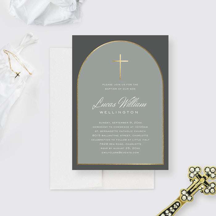Arch Baptism Invitations, Modern Catholic Baptism Invites for Boy and Girl, LDS Baptism Invitation Card, Christening Invite Cards with Gold Cross