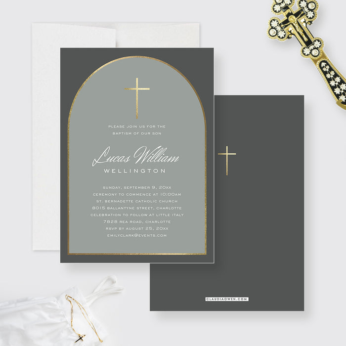 Arch Baptism Invitations, Modern Catholic Baptism Invites for Boy and Girl, LDS Baptism Invitation Card, Christening Invite Cards with Gold Cross