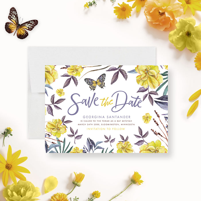 Floral Bat Mitzvah Save the Date, Unique Bar Mitzvah Save the Date Cards with Yellow Flowers and Butterfly, Jewish Celebration Save the Dates